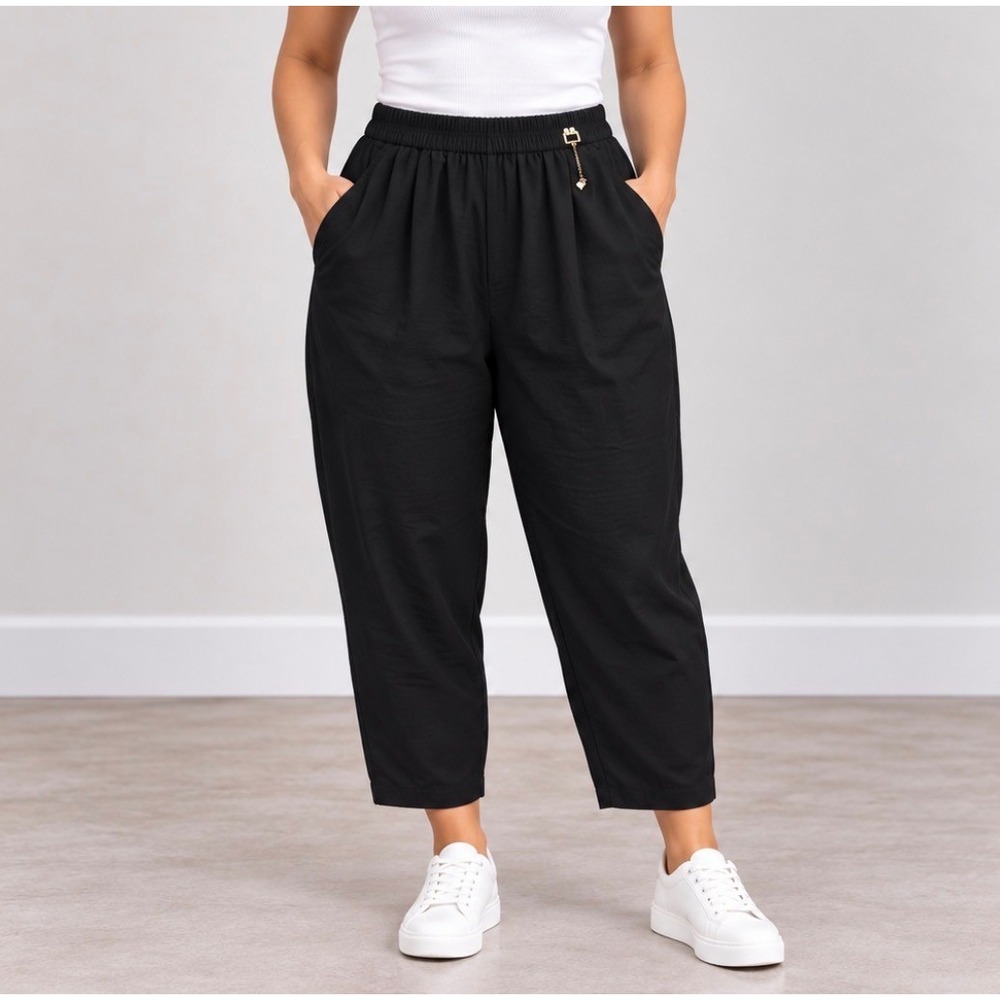 Unbranded Cropped Elastic Waist Pants 3XL Black Good Tapered Leg Pocket Detail
